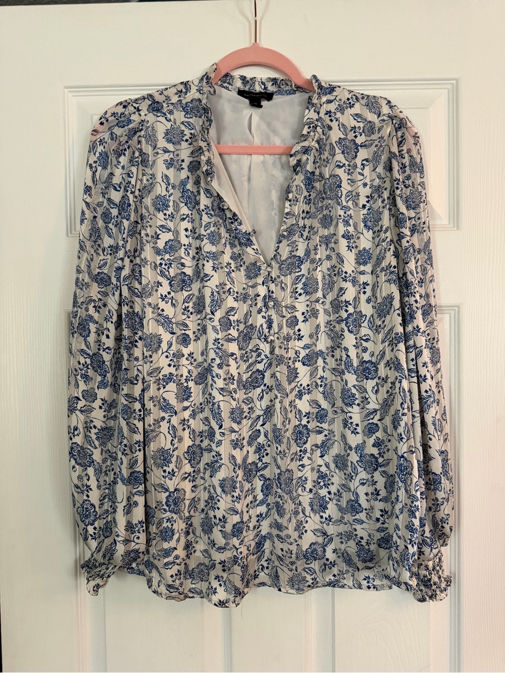 Floral Print V-Neck Long Sleeve Blouse - Blue on Cream